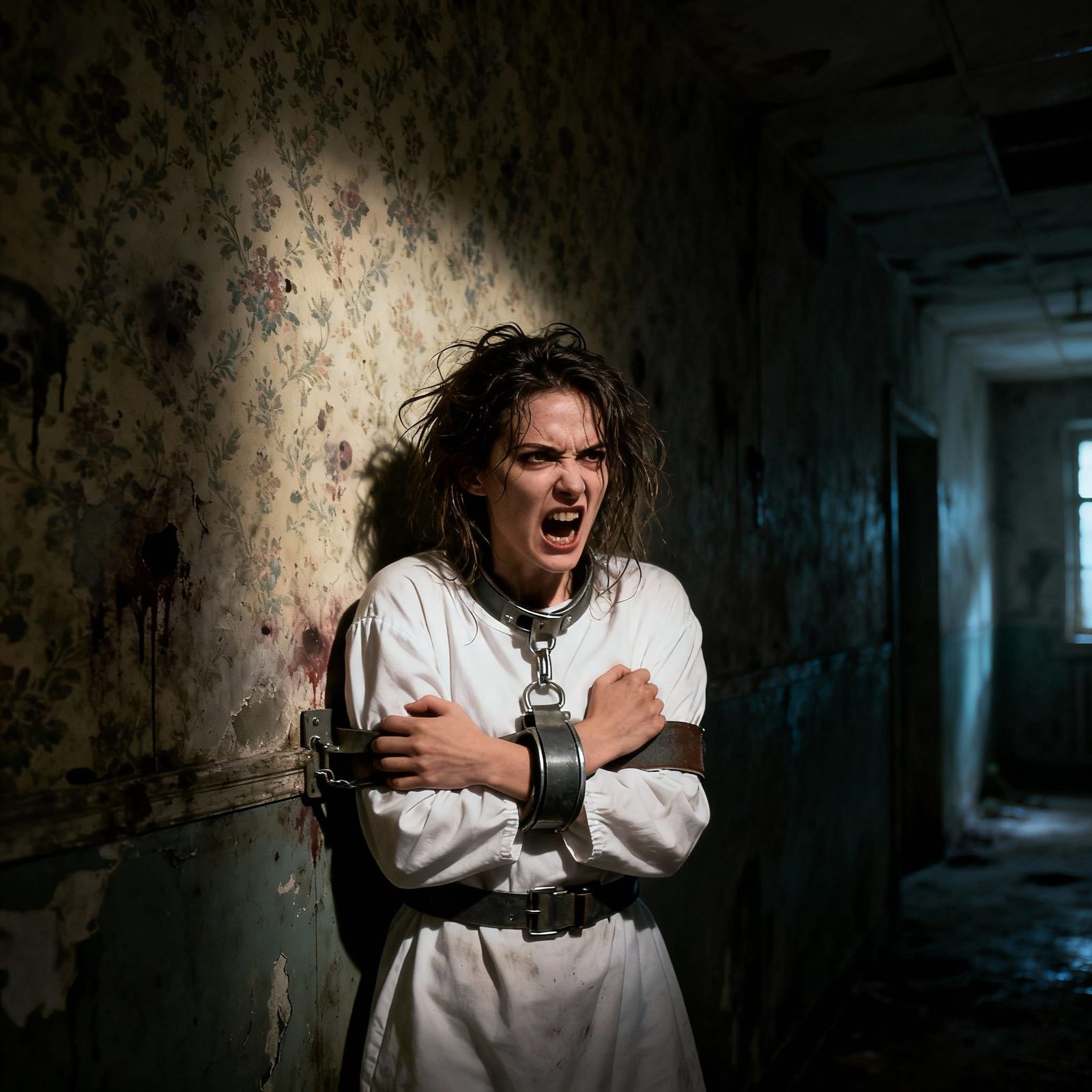Woman Trapped in Dimly Lit Asylum, White Straitjacket