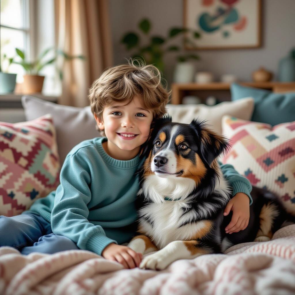 Embroidery Art of Boy and Dog in Teal, Pink, Brown Living Ro...