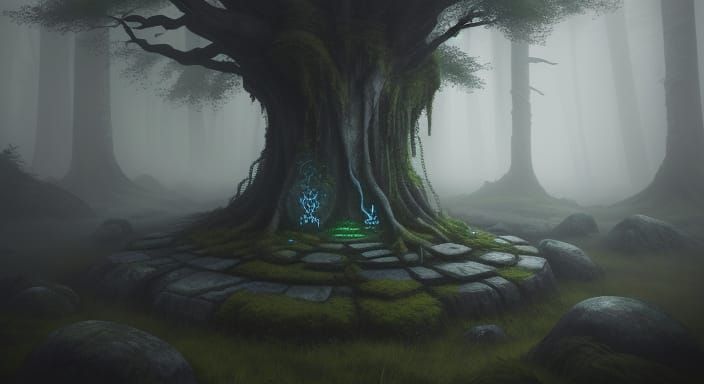 Mysterious Glowing Stone in Ancient Forest Digital Painting