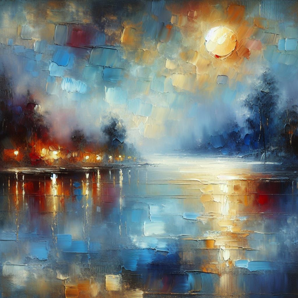 Impressionistic Moonlight Over Tranquil Lake