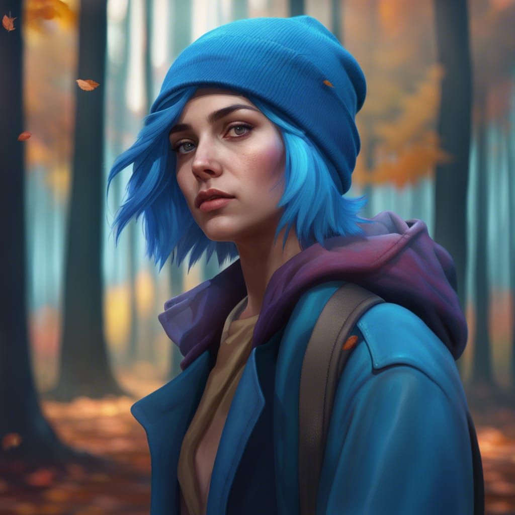 Blue-Haired Woman in Autumn Forest, Hyperdetailed Portrait