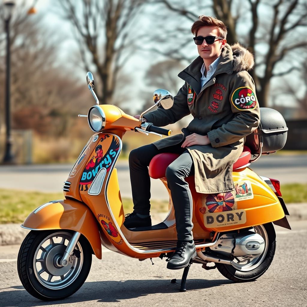 Mod wearing a parka on a mod scooter wrapped in "Barry's poe...