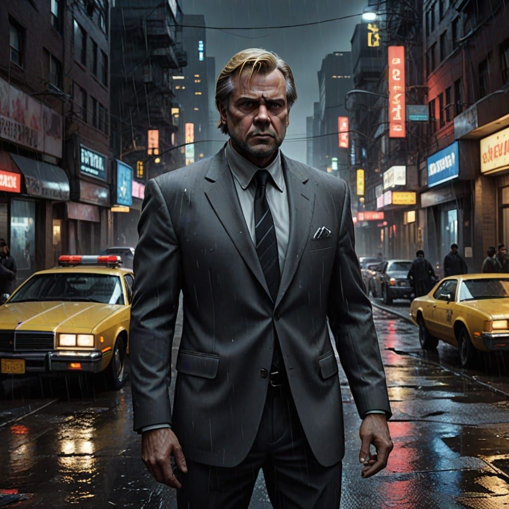 Resolute Figure at Stormy Crime Scene in Dark, Futuristic Se...