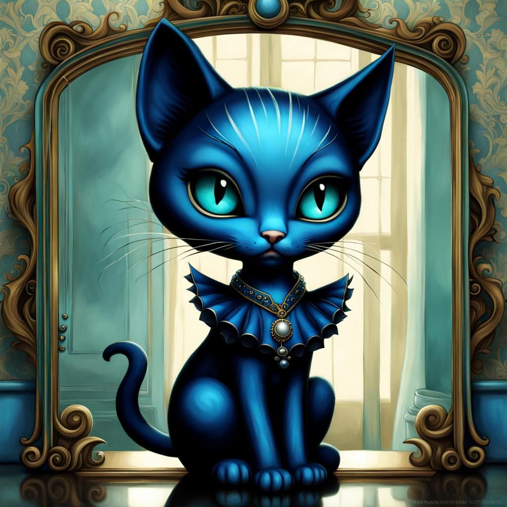 Goth Punk Cat Gazing in Mirror: Digital Painting