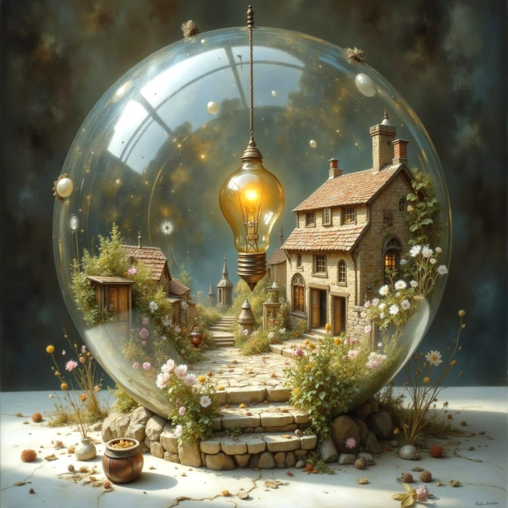 Surreal Miniature Town Inside Light Bulb