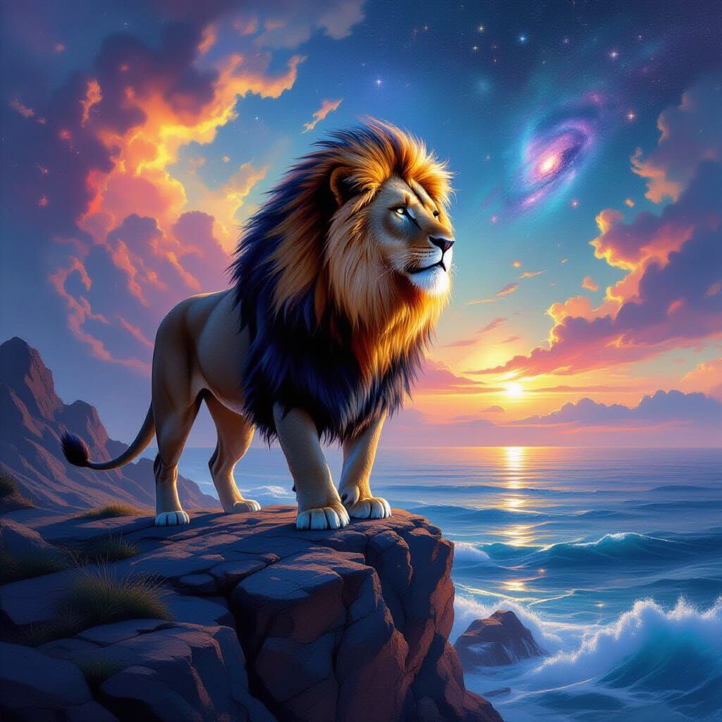 Cosmic Lion in Nebula Mane, Hyperrealistic Oil Painting