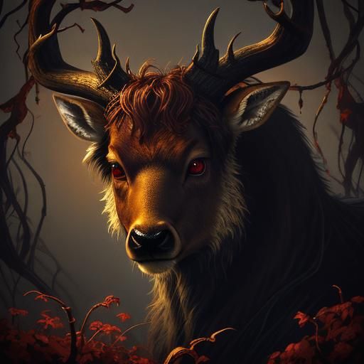 Demonic Deer in Gloomy Garden: Dark Fantasy Oil Painting