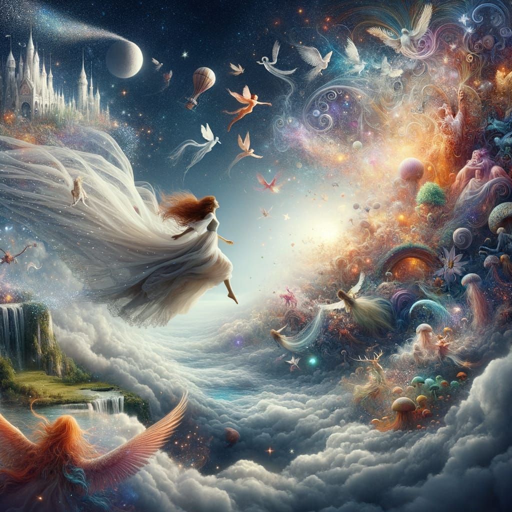 Woman Leaps into Dreamscape of Infinite Wonders