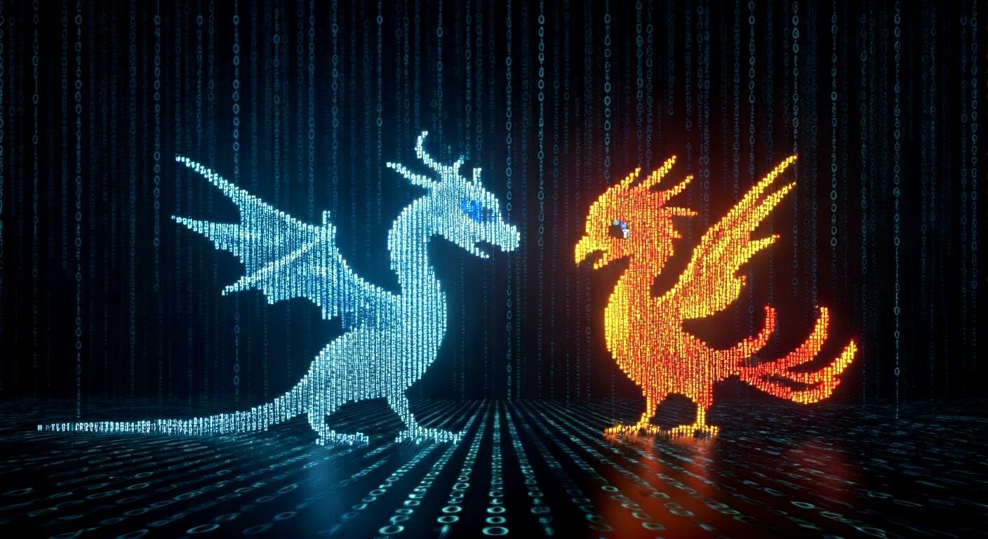 Chibi Dragon and Phoenix Made of Binary Code
