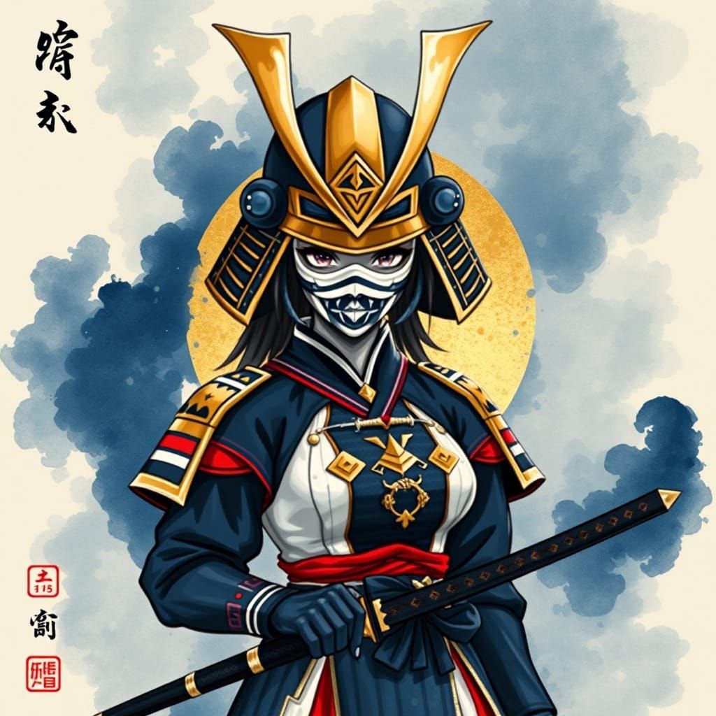 Android Samurai in Sumi-e Style
