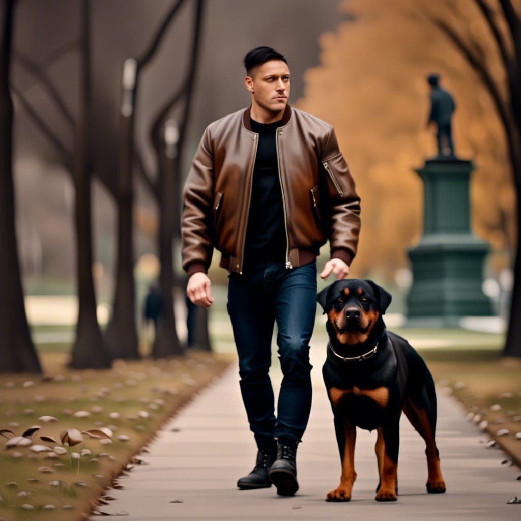 Man Walking Rottweiler in City Park