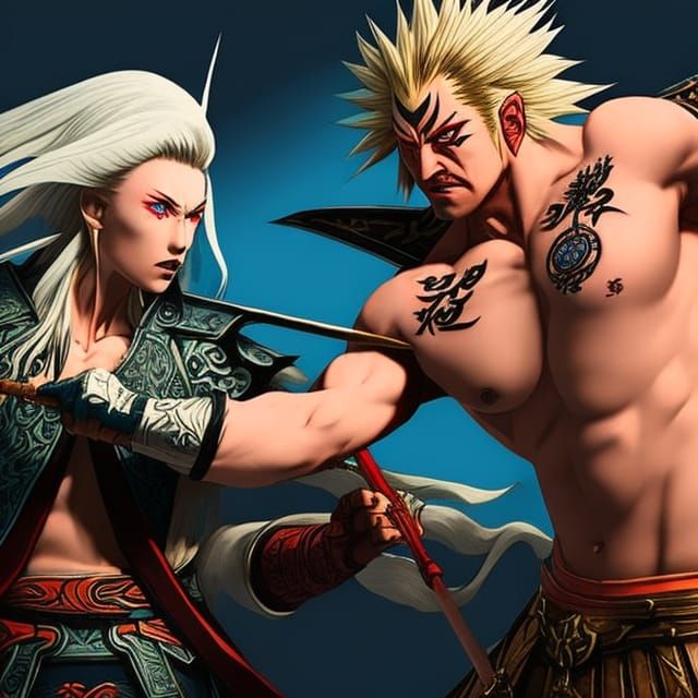 Barbarian Woman Battles Kitsune Man in Ukiyo-e Style