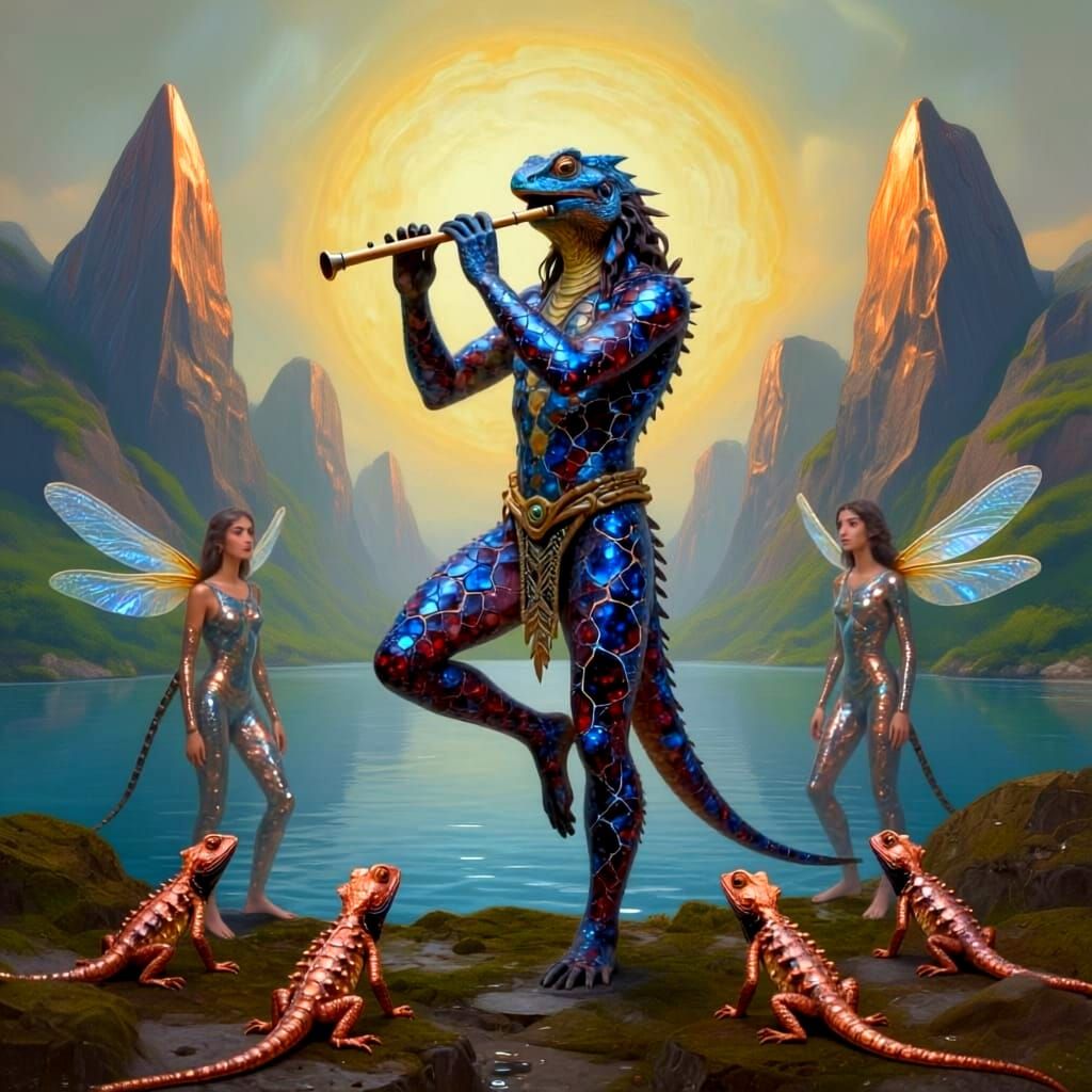 Primordial Musician and Dragonfly Dancers by Sacred Lake