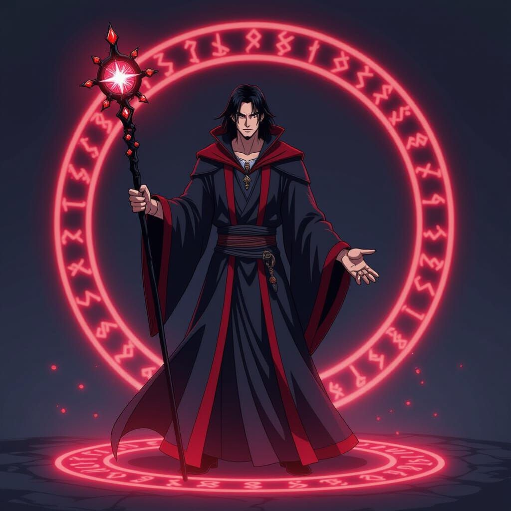 Anime Wizard with Glowing Circle and Wand