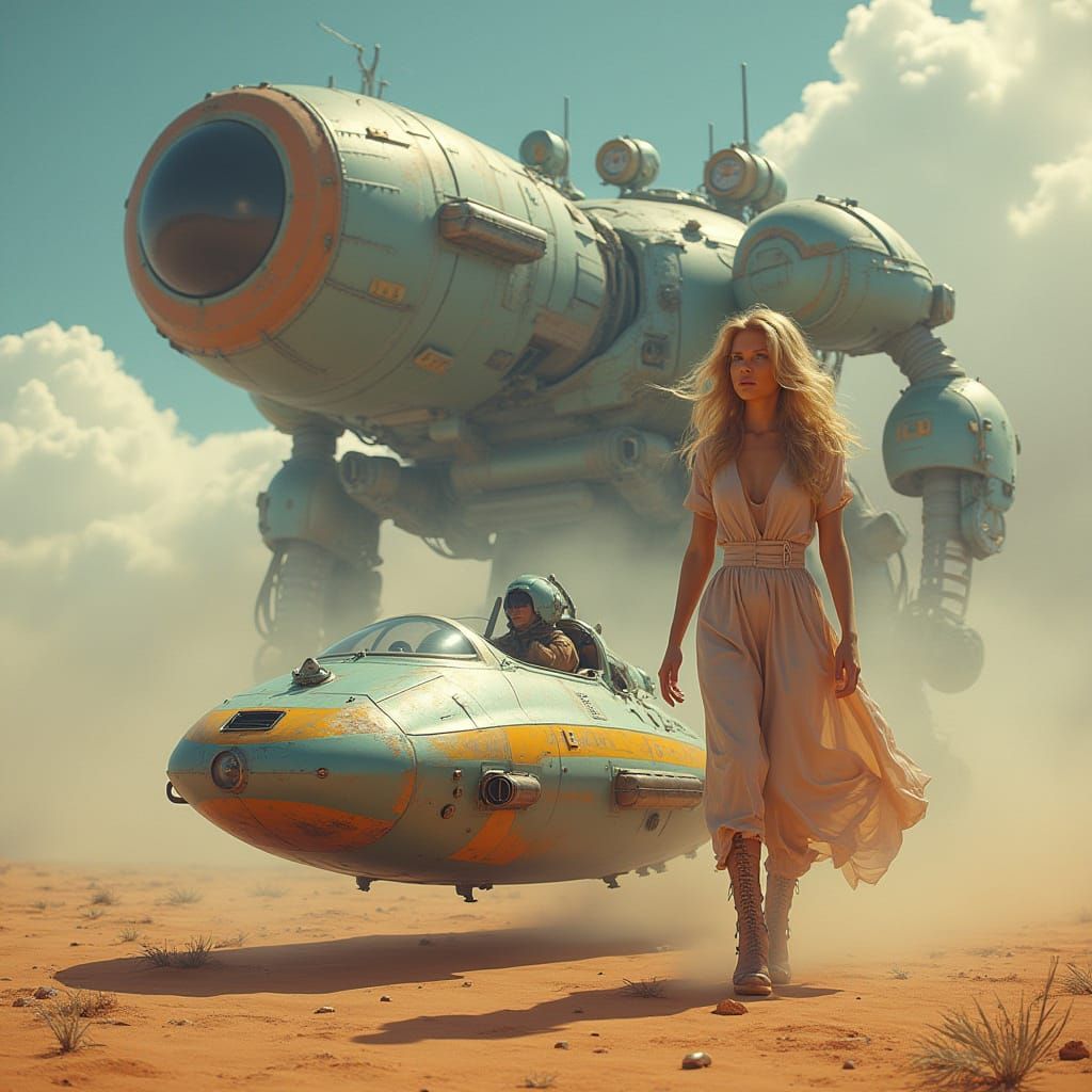 Cyber Dieselpunk Hovercraft with Woman and Robot