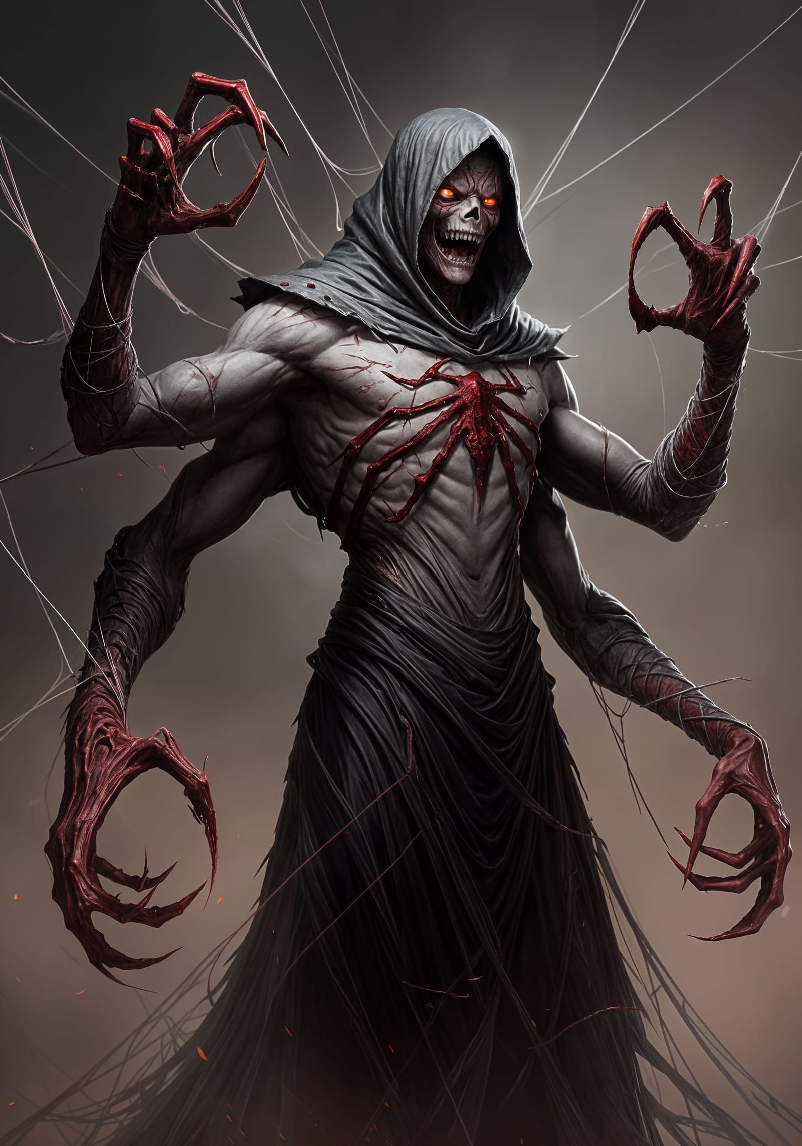 Cyberpunk Webfang Assassin Looms in Ashen Grey and Crimson