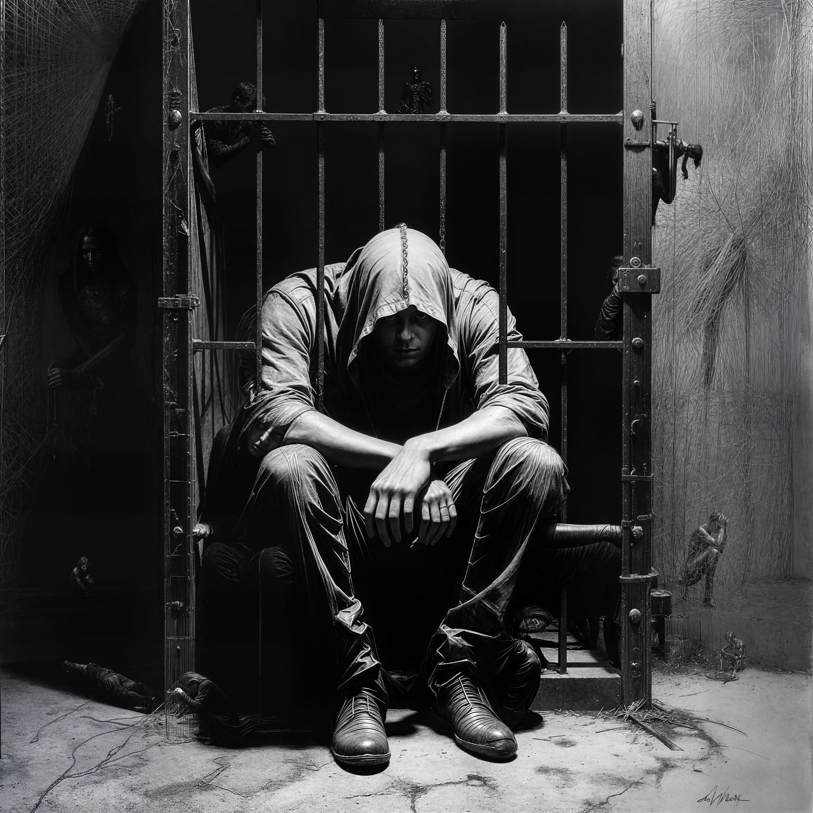 Despair: Solitary Figure in Cage, Minimalist Art