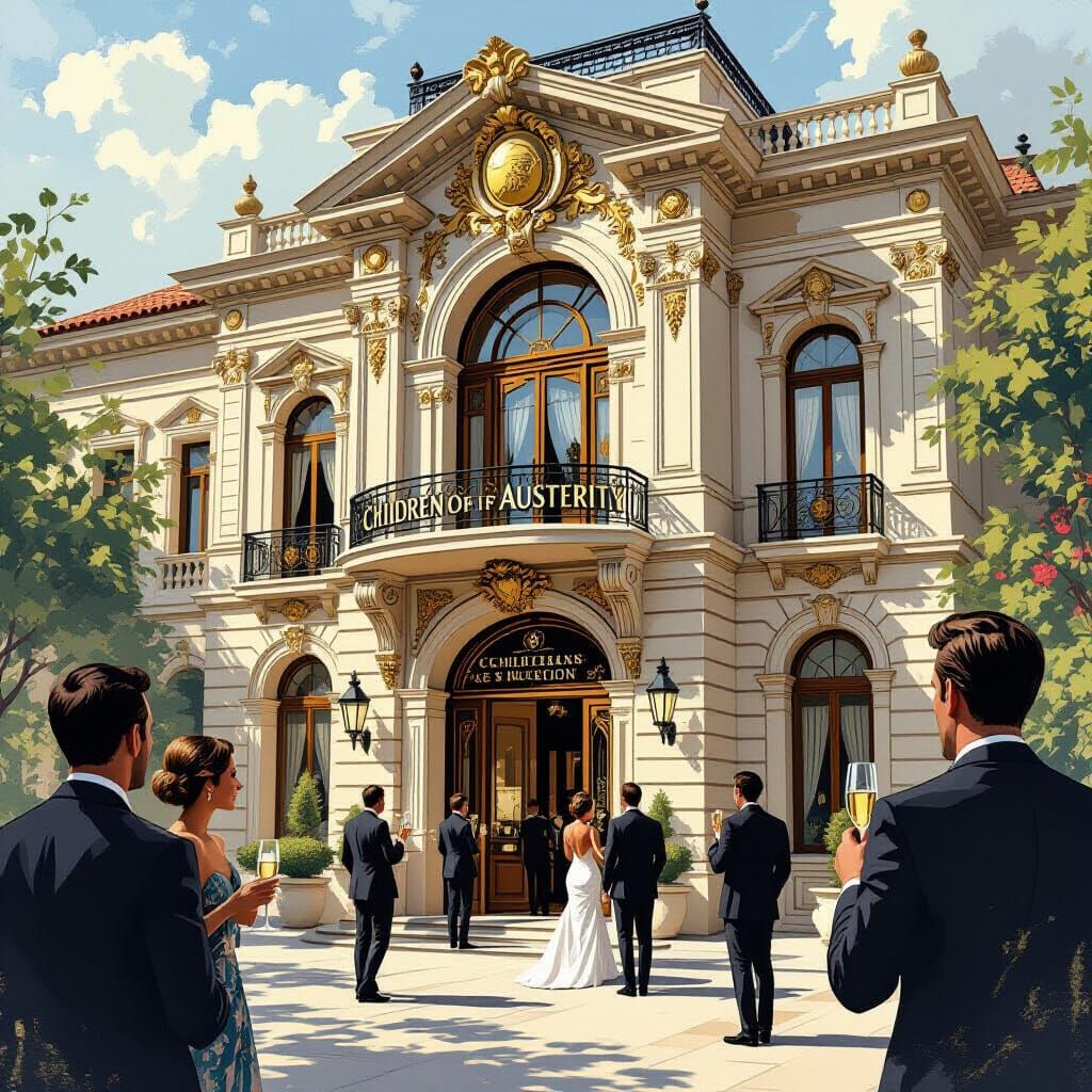 Vintage Building with Champagne, Retro-Futuristic Style