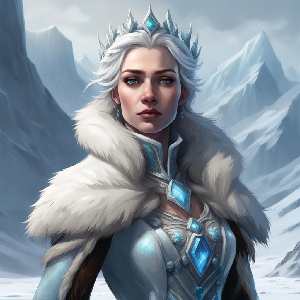 Icy Queen Portrait in Frozen Landscape, Art Nouveau Style