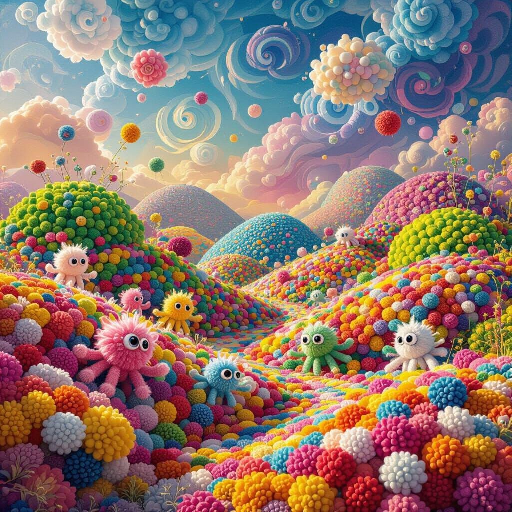 Pom Pom Fantasy Landscape in Whimsical Art Style