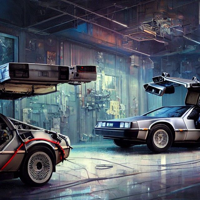 DeLorean in Mechanic's Garage: Cel-Shaded Photorealism