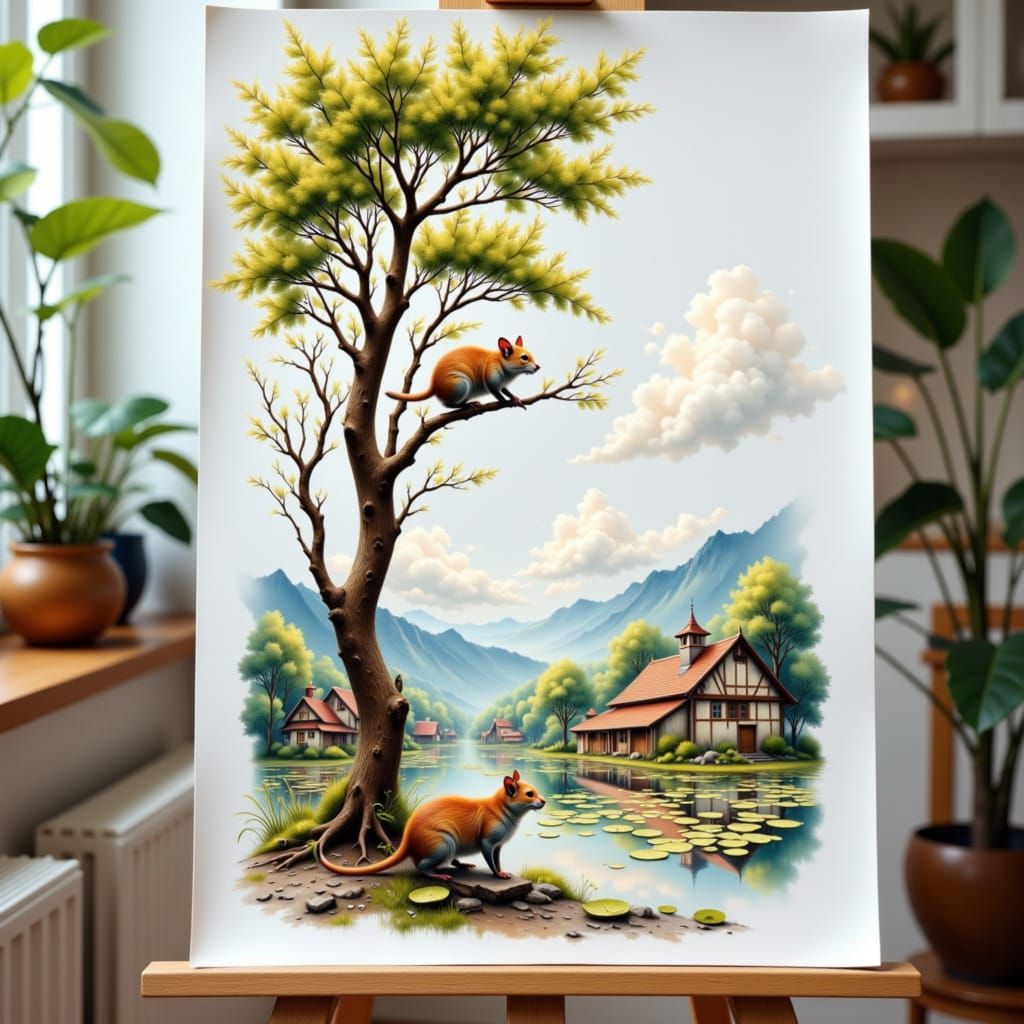 Double Exposure Art: Mouse, Cat, and Village Landscape