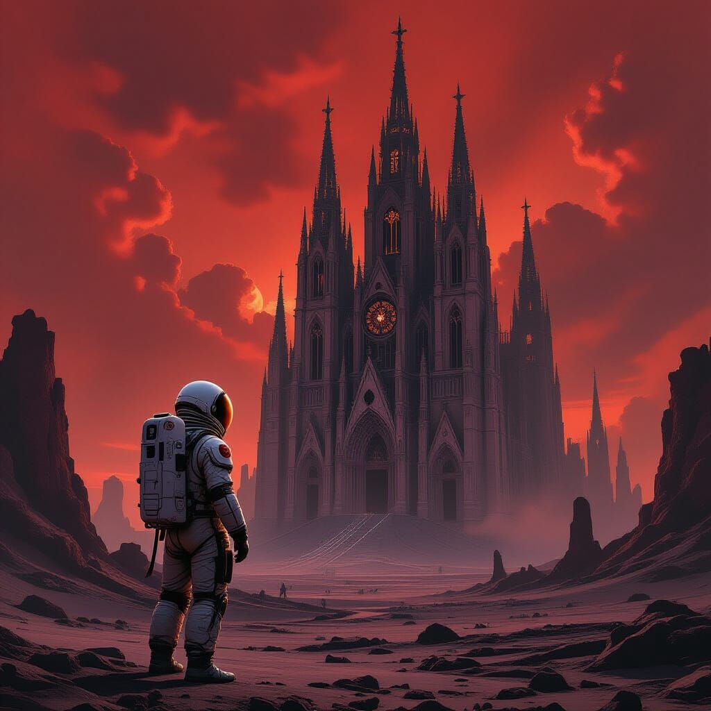 Astronaut and Decaying Cathedral in Beksiński Style