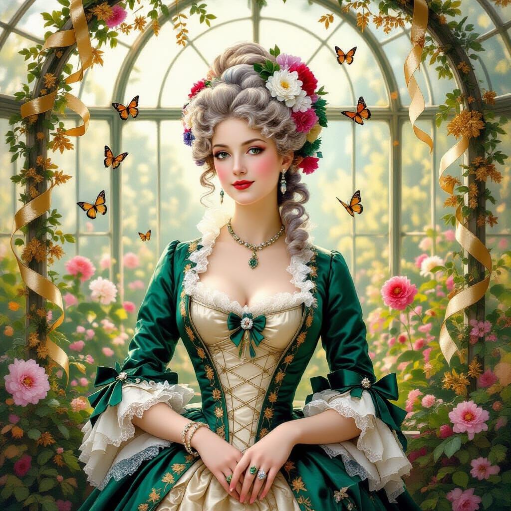 Rococo Hostess in Emerald Silk Greenhouse Portrait
