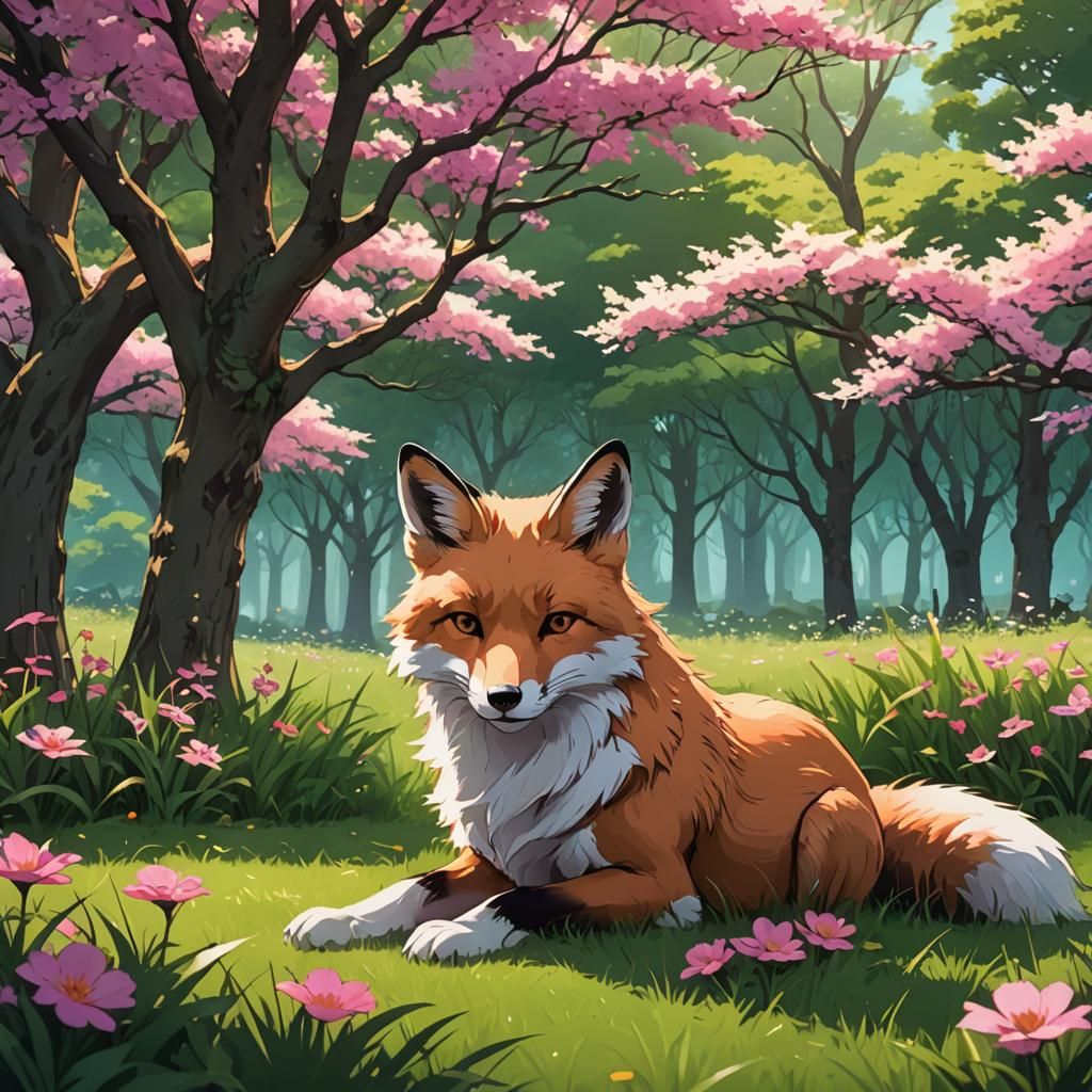 Ninetales Fox in Anime Style Flower Meadow