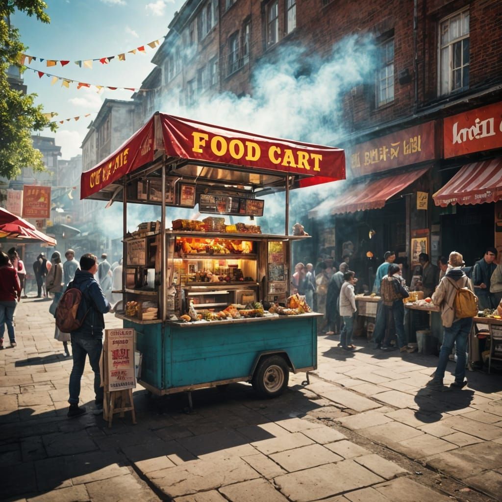 Colorful Food Cart Scene: A Photorealistic Image