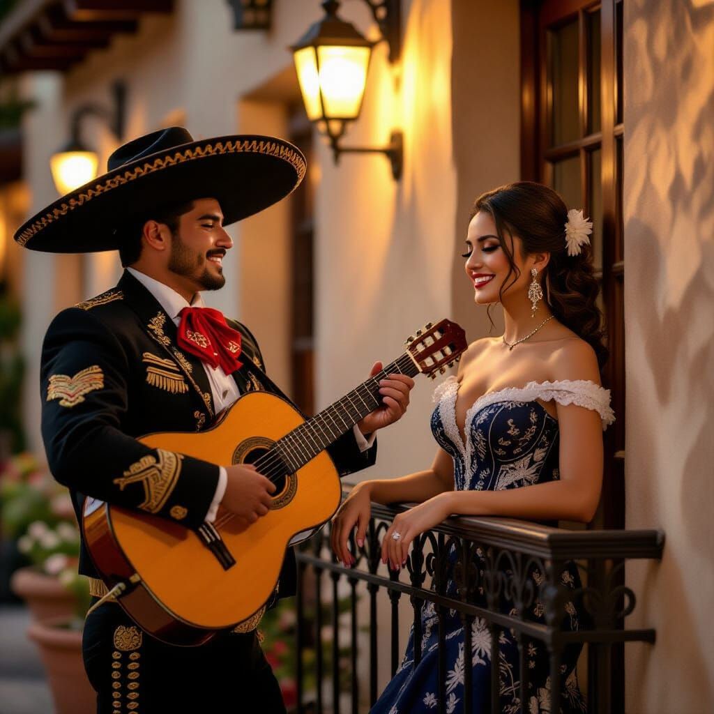 Mexican Mariachi Serenades Woman on Balcony in Hollywood Sty...