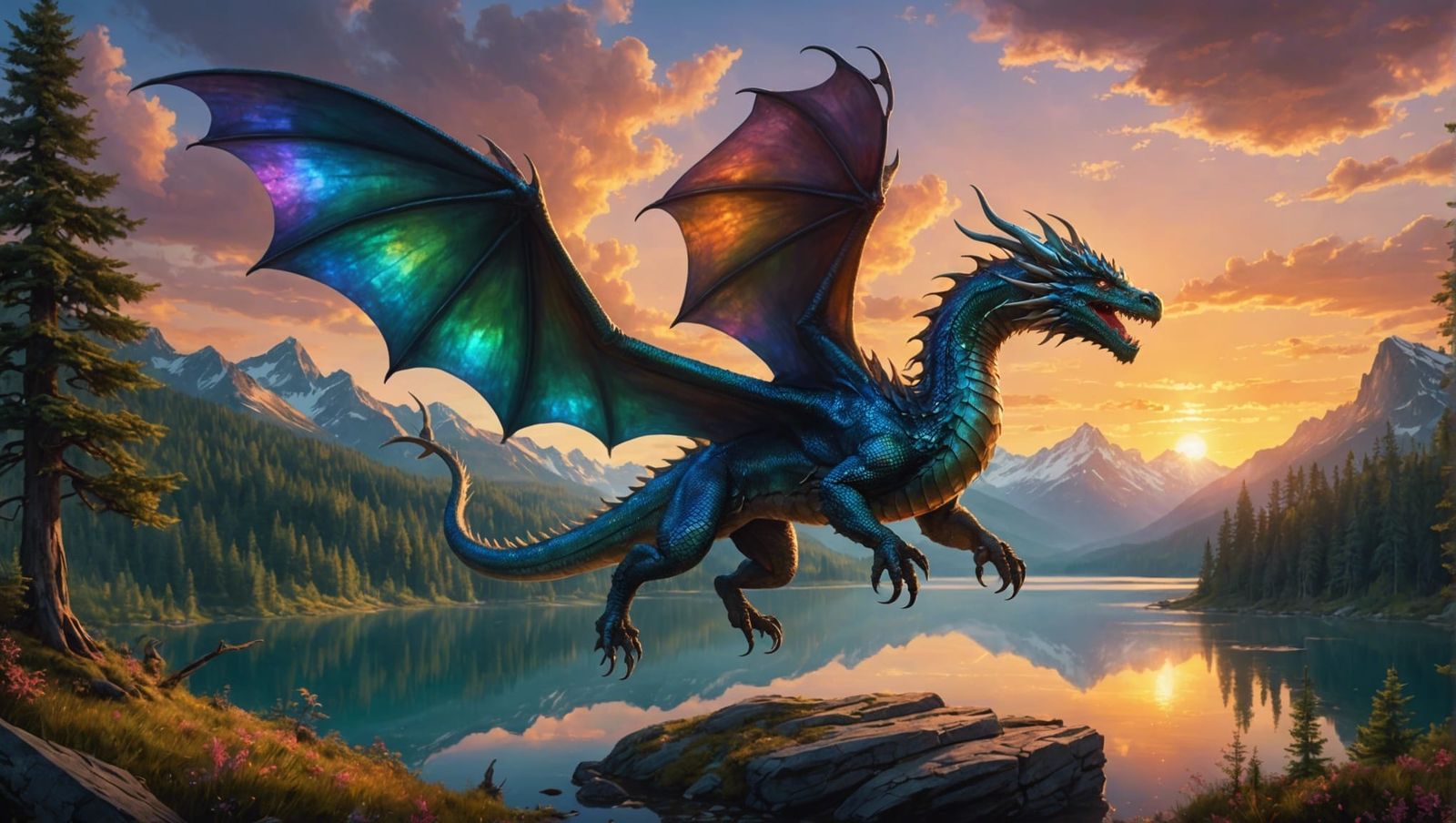 Iridescent Dragon Flight Over Enchanted Forest
