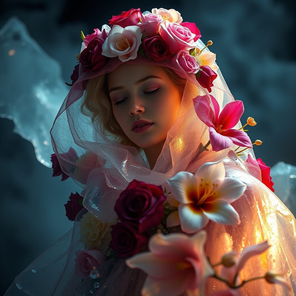 Serene Young Woman in a Vibrant Floral Cloak, Set Against a ...