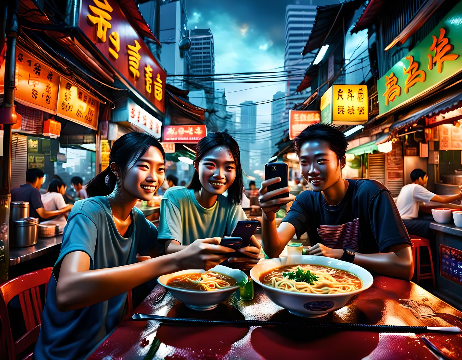 Thai teenagers on a date in a noodle shop.