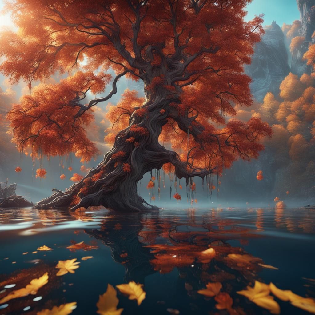 Autumn Leaves Falling into Lake: Fantasy Concept Art