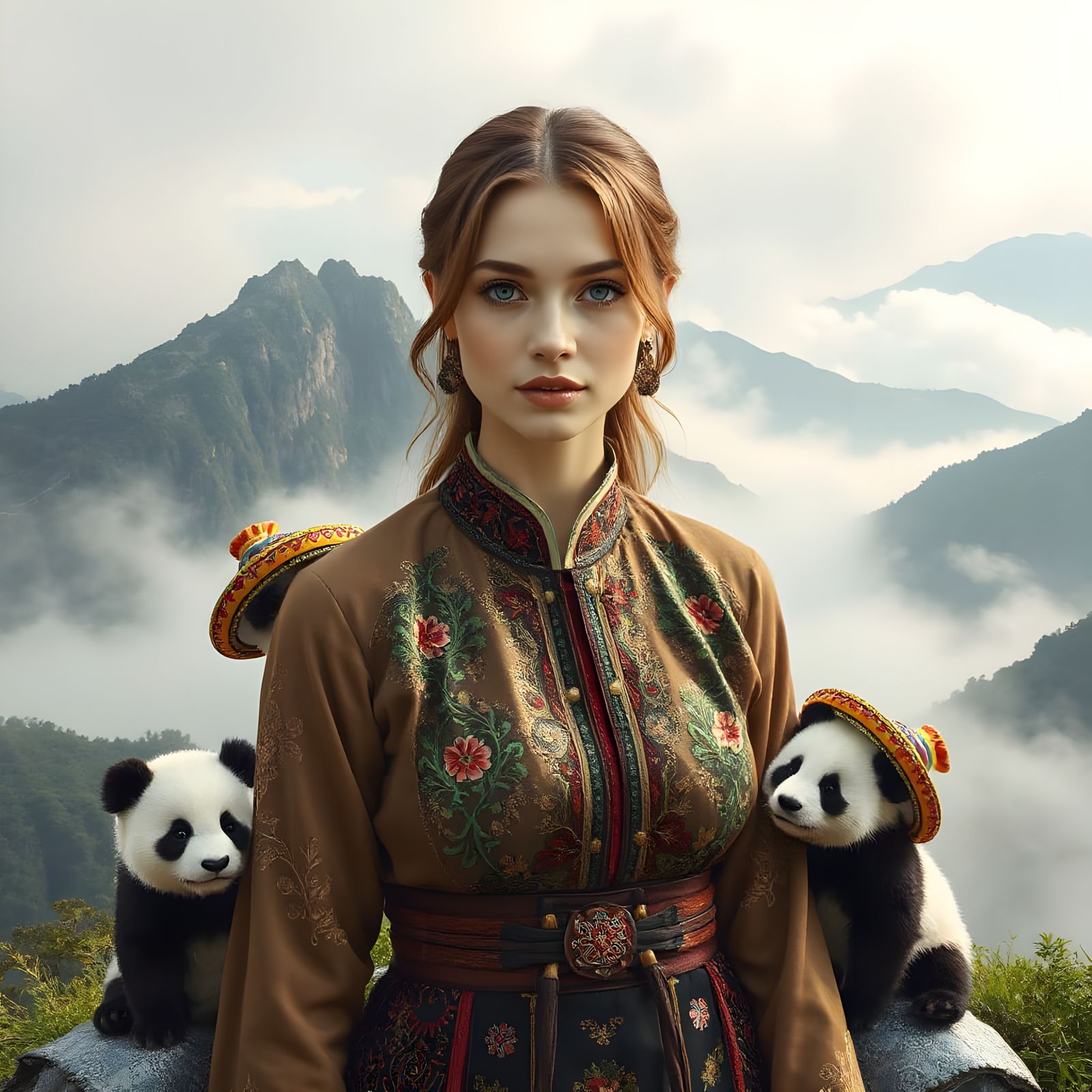 Woman and Pandas on Mountaintop, Inspired by Landscape Art