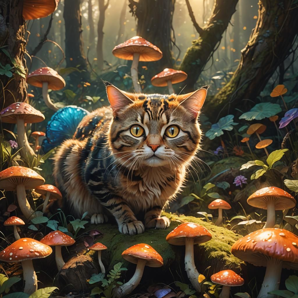 Cat Discovering a Mushroom in Fantasy Art