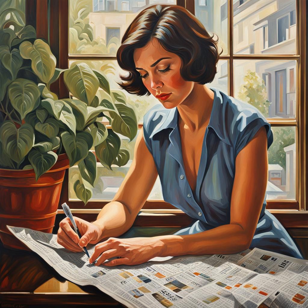 Woman Solving Crossword Puzzle: Expressive Oil Painting