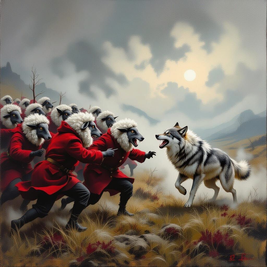 Furious Sheep Attack Lone Wolf in Expressive Style