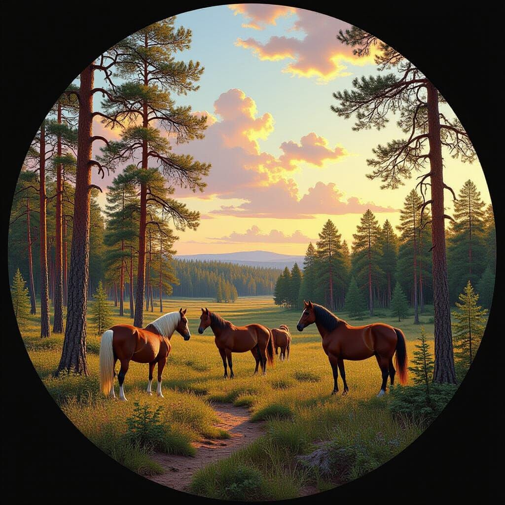 Wild Horses in Forest Circle, Inspired by Russian Realism