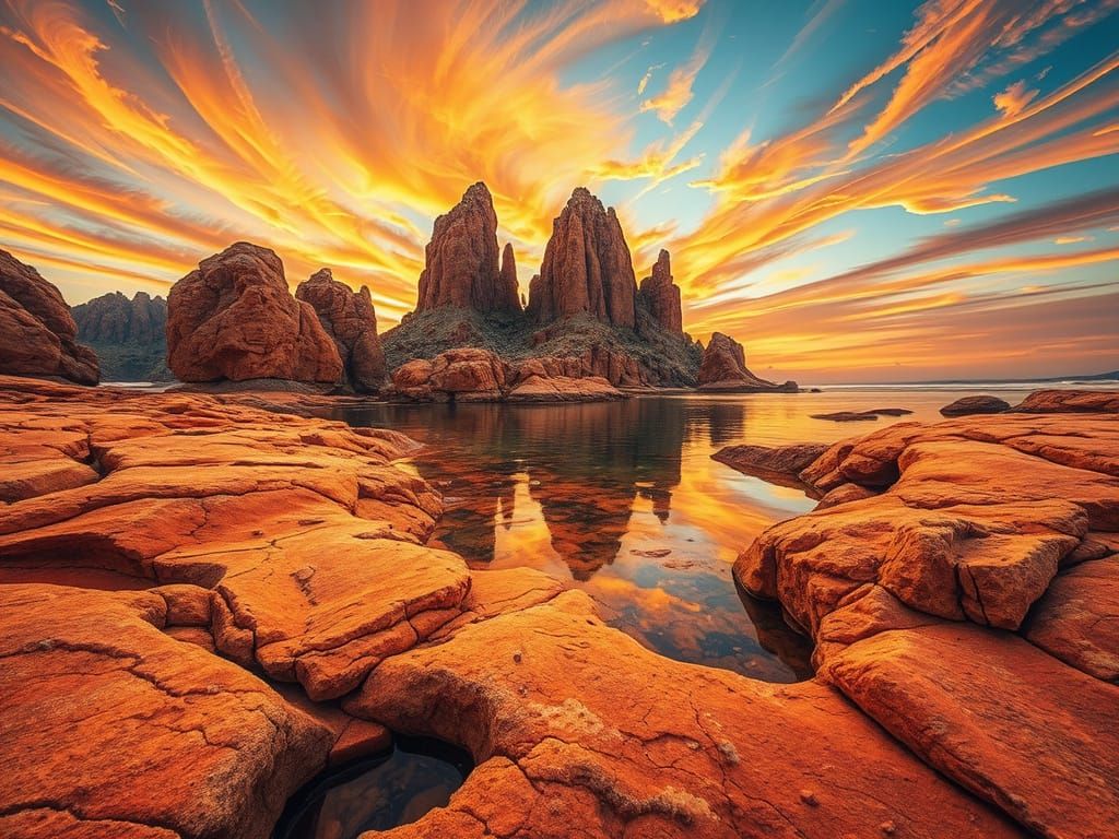 Fluid Alcohol Ink Rock Formations Under Colorful Sky