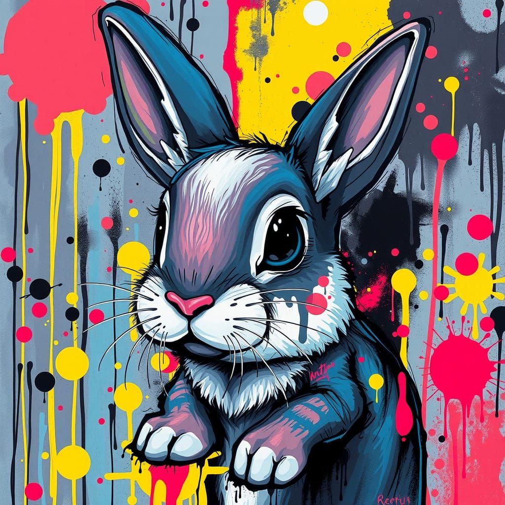 Cute Rabbit Graffiti Art in Synthwave Style