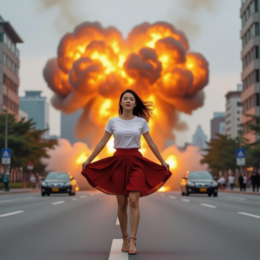 Woman Amidst Fiery City Explosion