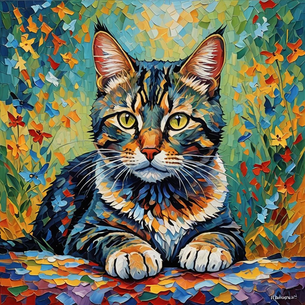 Beautiful Cat in Expressionist Oil Painting
