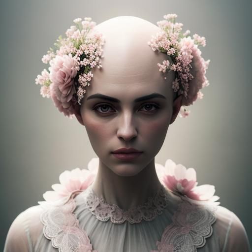 Bald Girl Adorned with Light Pink Flowers