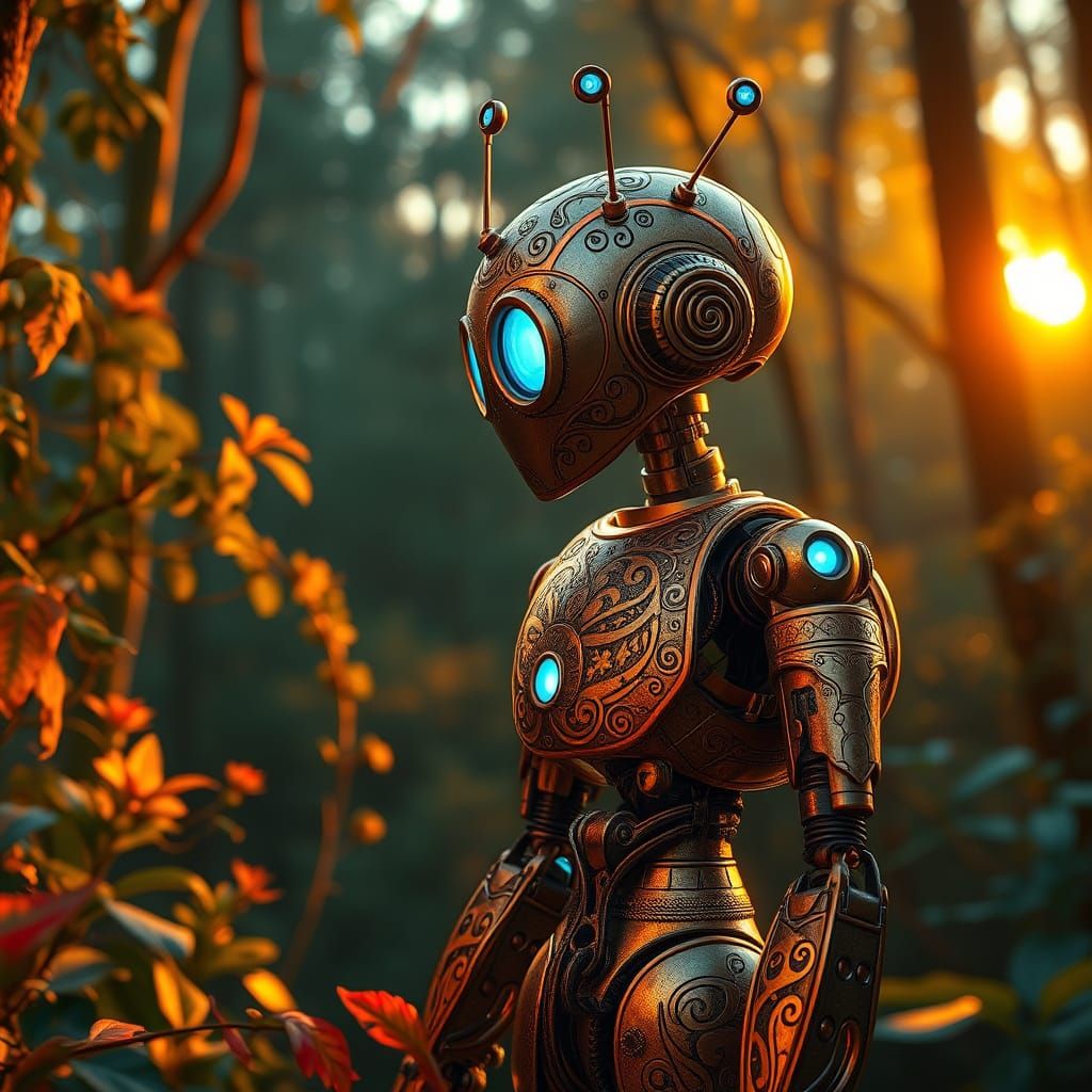 Whimsical Robot Watches Sunset in Vibrant Forest