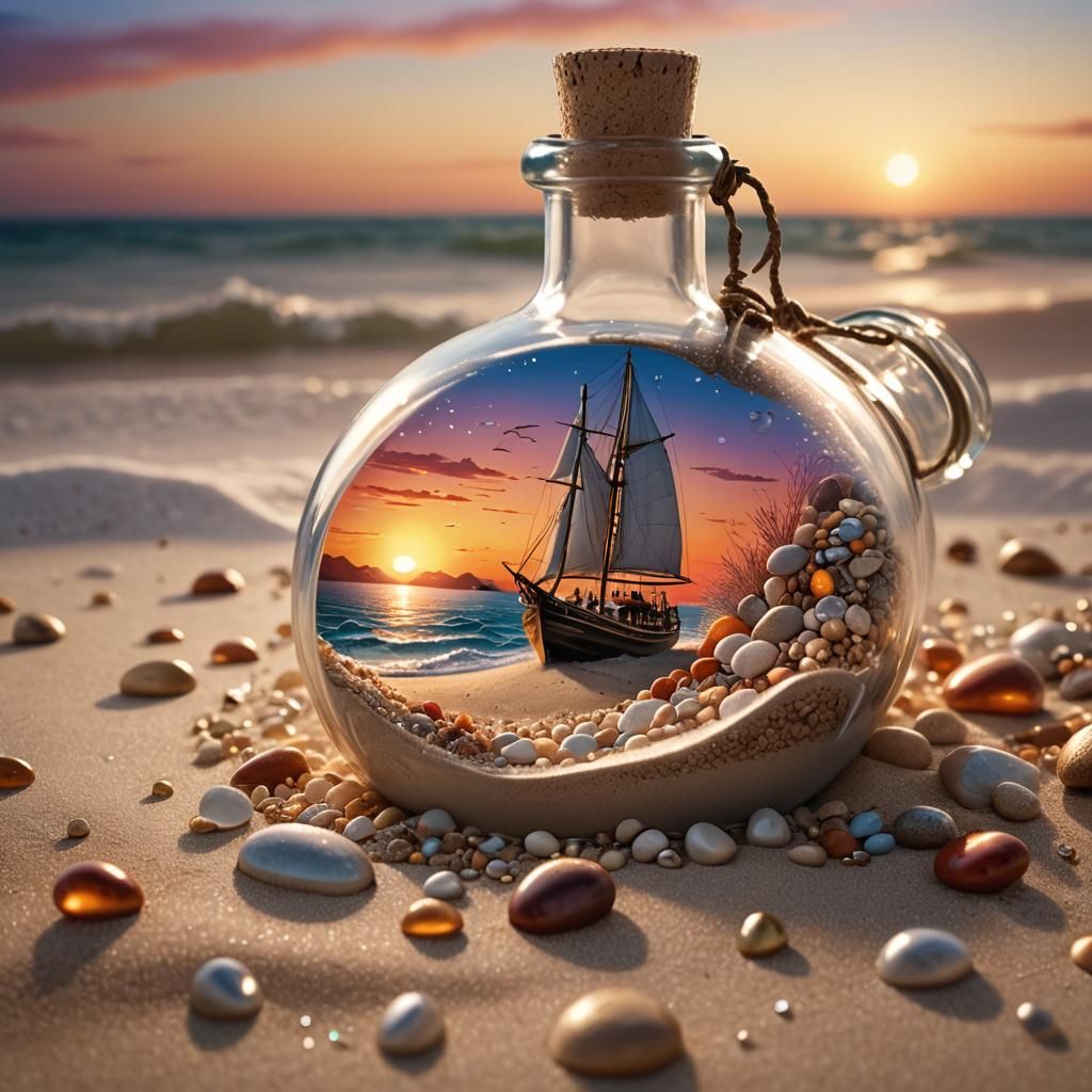 Ship in a Bottle Drifting Ashore: Digital Art