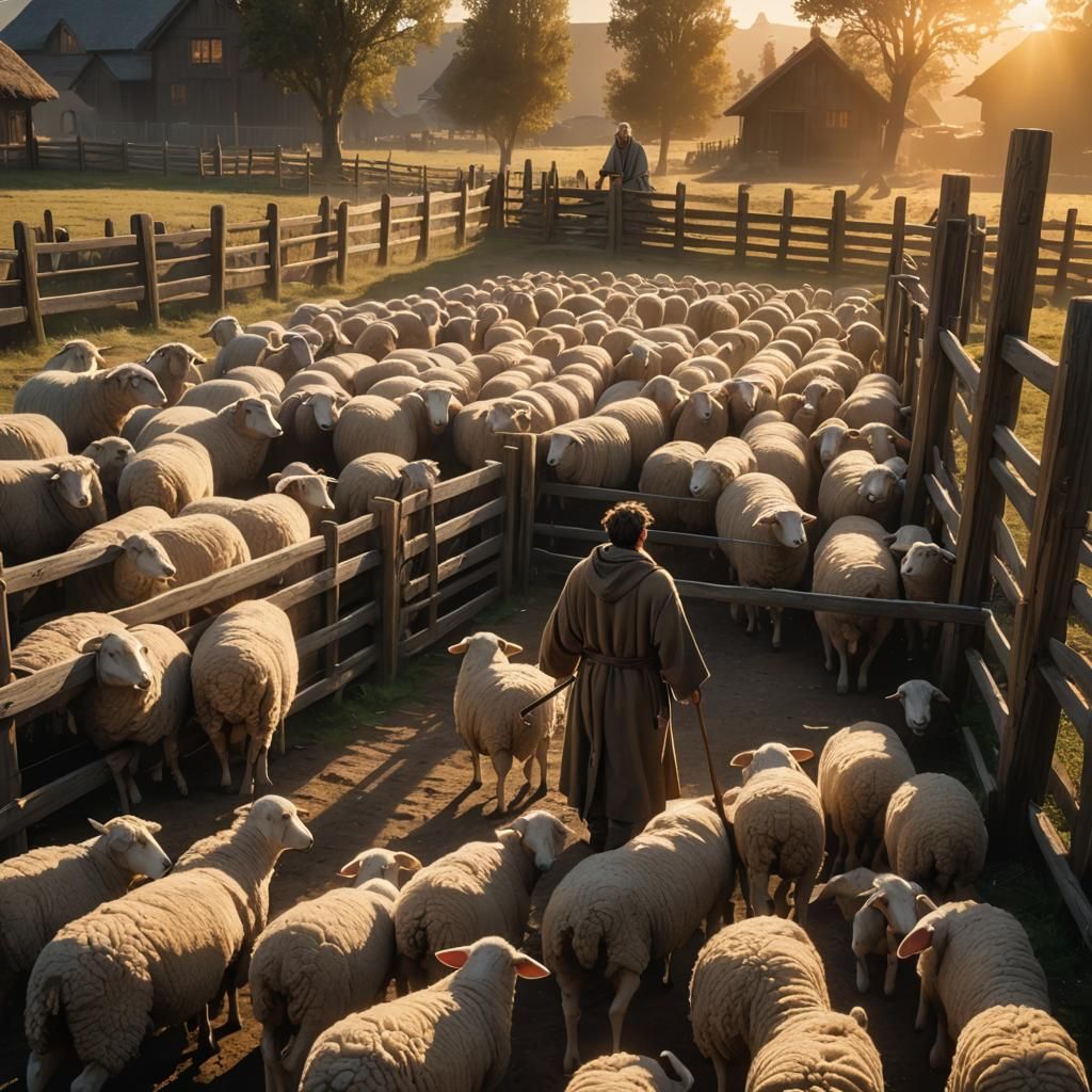 Shepherd Enters Sheep Pen at Sunrise