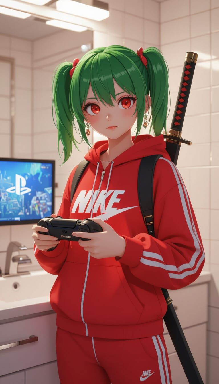 Anime Gamer Girl with Katana in Bathroom