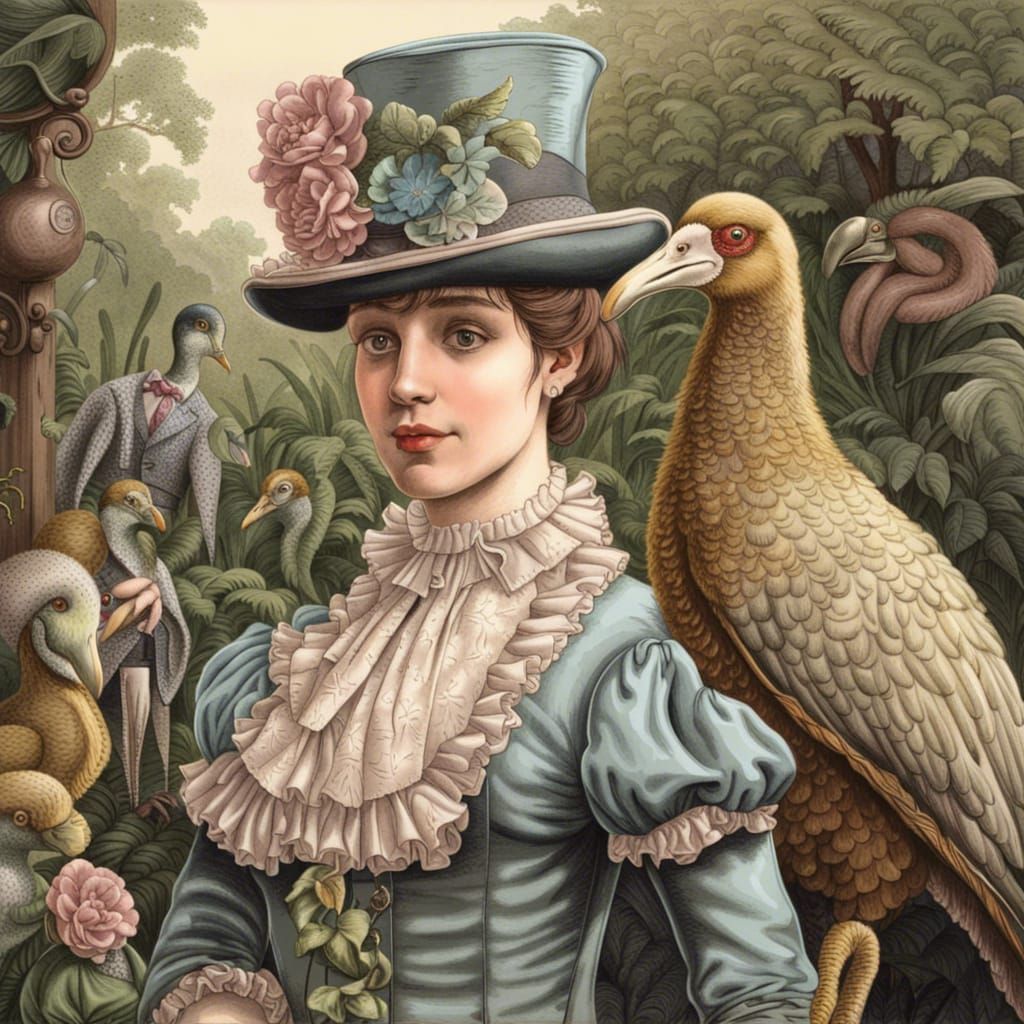 Victorian Lady and Dandy Dodo in Garden